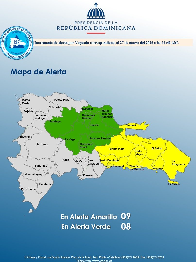 COE eleva a 17 las provincias en alerta: 9 en amarilla y 8 en verde por vaguada