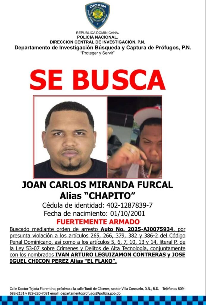 Policía exhorta a cuatro personas a entregarse por presuntos delitos de asociación criminal y alta tecnología
